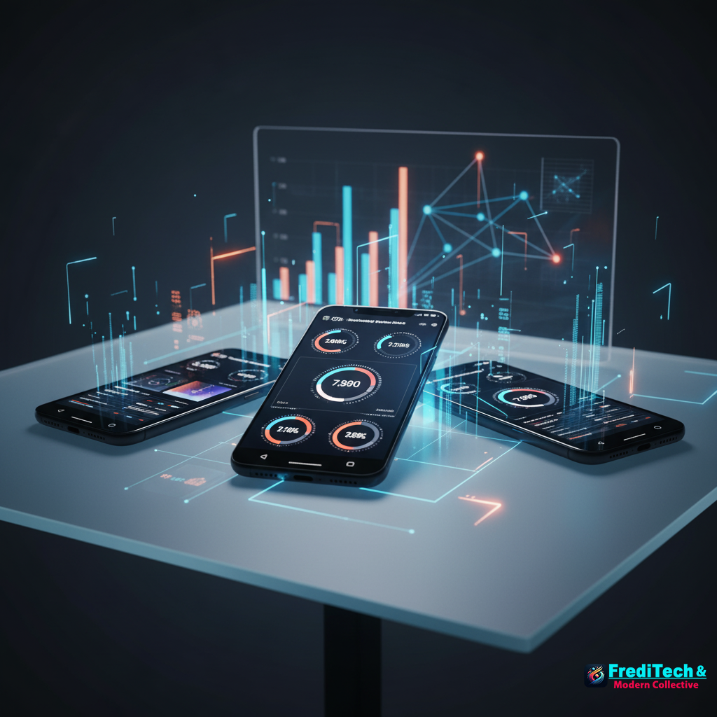 Three smartphones displaying performance data and charts on a glowing, futuristic table, with a transparent screen showing graphs in the background, illustrating performance analysis.