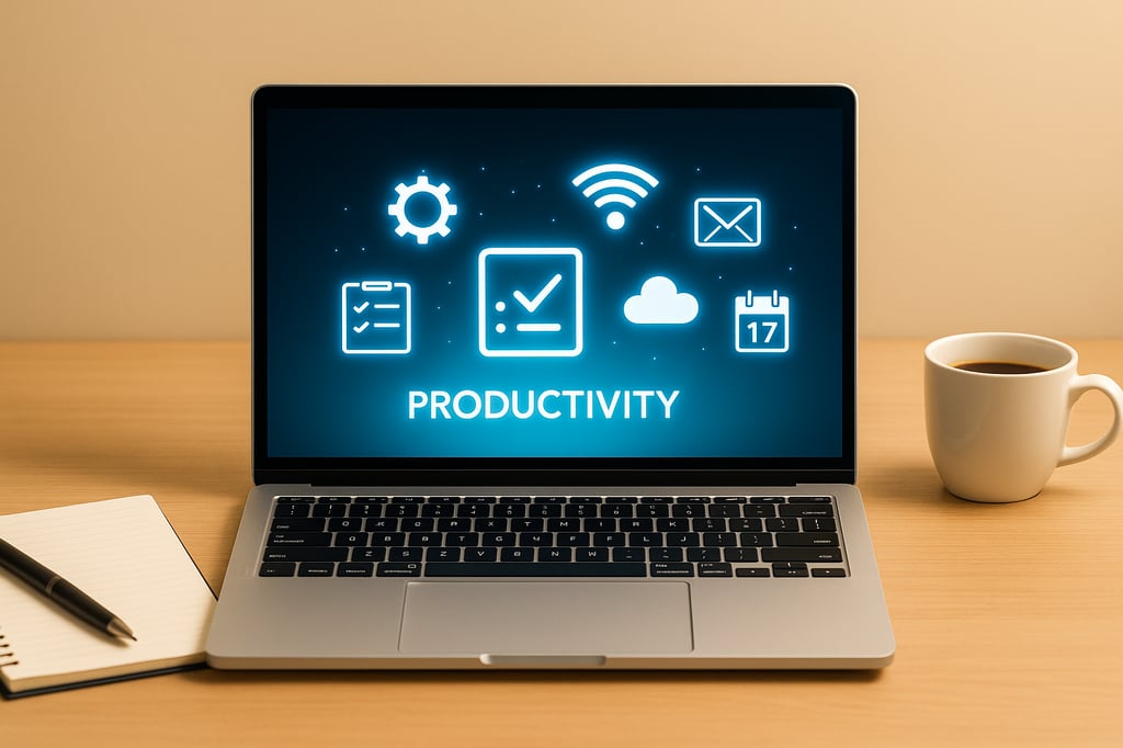 Laptop on a wooden desk with a notebook and coffee mug, showing glowing productivity icons—checklist, gear, Wi-Fi, email, cloud, and calendar—on the screen.