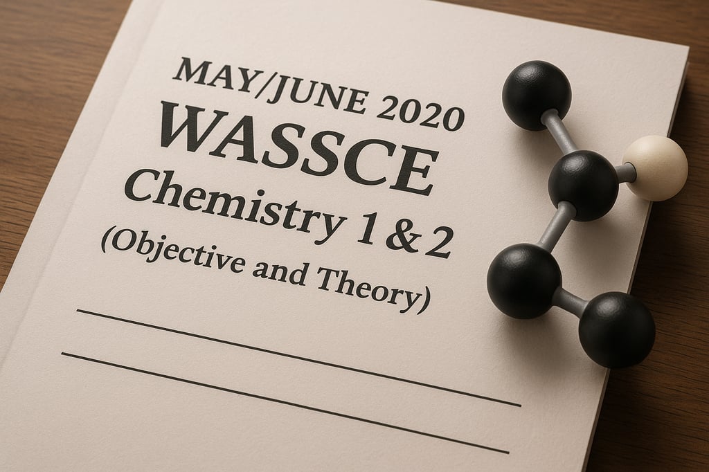 Ultra-realistic professional image of MAY/JUNE 2020 WASSCE Chemistry 1 & 2 examination booklets with clear text on cover, laid on a dark surface with soft lighting