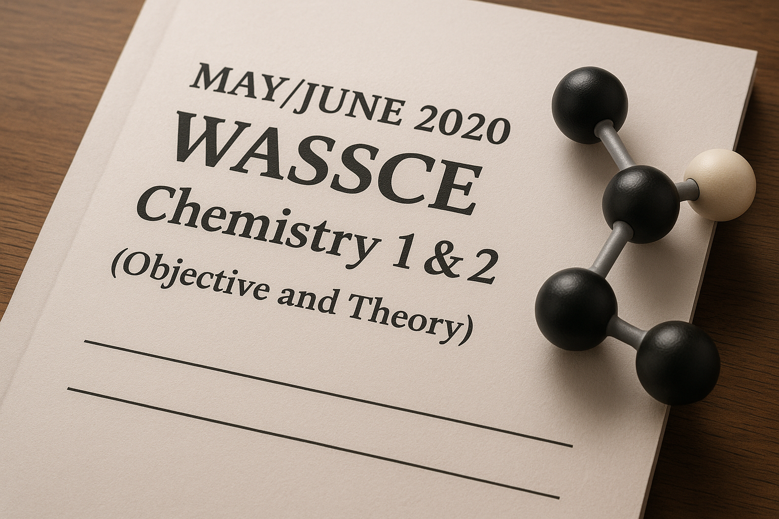 Ultra-realistic professional image of MAY/JUNE 2020 WASSCE Chemistry 1 & 2 examination booklets with clear text on cover, laid on a dark surface with soft lighting