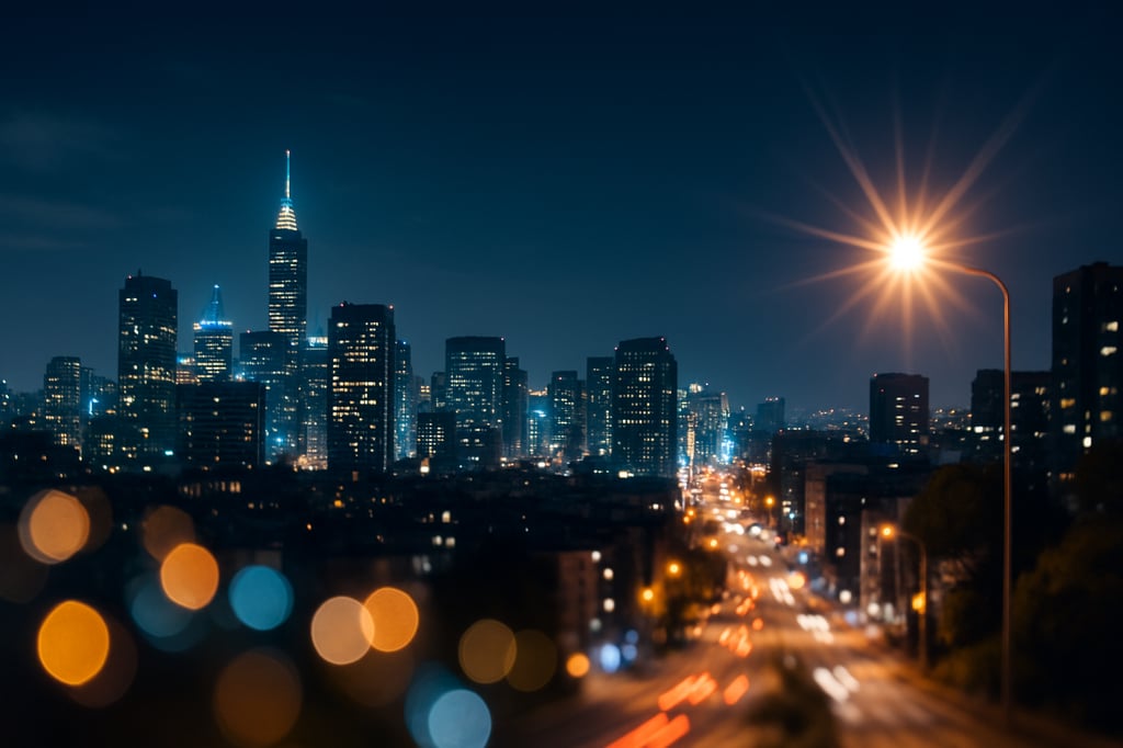 Nighttime cityscape from an elevated viewpoint with bokeh foreground and starburst streetlight