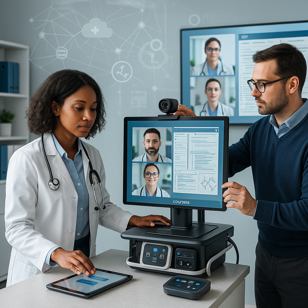 Doctor and an IT specialist configure a telehealth cart in a modern clinic; the cart-mounted monitor shows multiple clinicians on a secure video call alongside electronic health record panels, while a tablet on the counter mirrors the app interface.