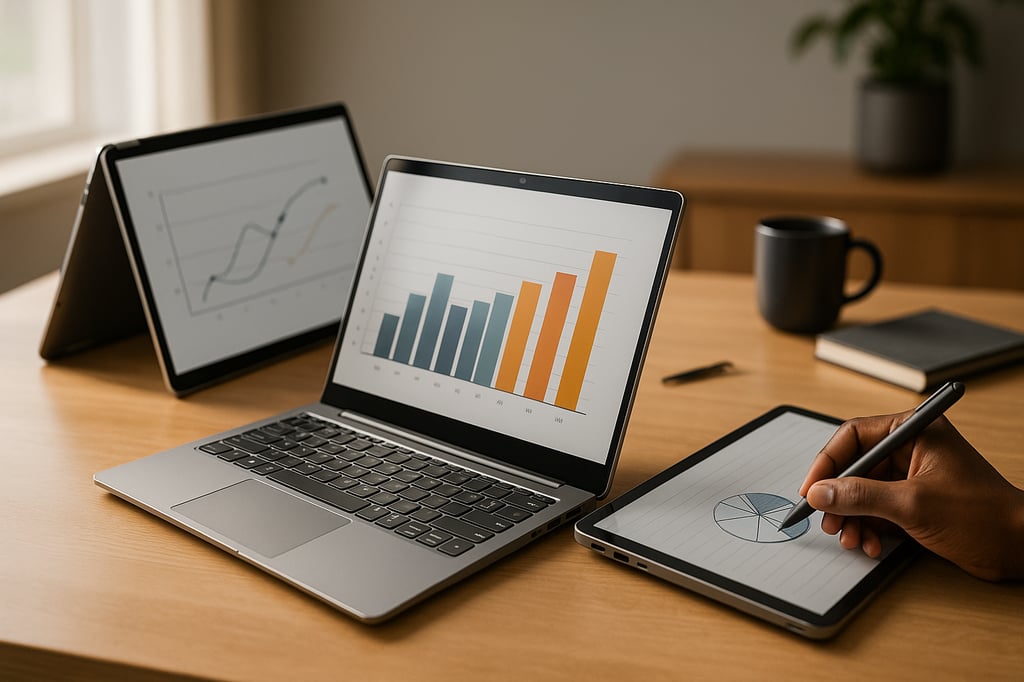 Ultra-realistic photo of three 2-in-1 laptops on a light wooden desk: one in tent mode with a line graph, one in laptop mode showing a bar chart, and one in tablet mode with a hand drawing a pie chart using a stylus, lit by warm window light in a cozy home-office setting.