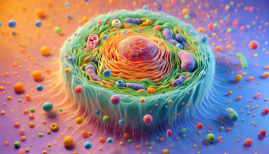 Colorful cross-section of a eukaryotic cell showing the nucleus, layered membranes, mitochondria and other organelles, with floating molecules on a gradient background.