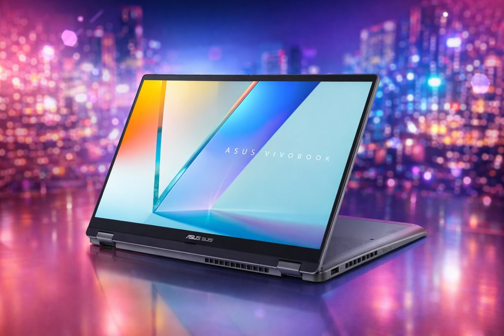 ASUS VivoBook convertible laptop in tent mode on a glossy surface with a vibrant neon city bokeh background, displaying a clean blue-and-orange abstract wallpaper on screen.