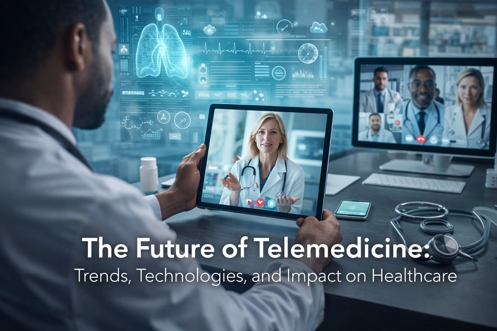 Doctor holding a tablet during a telemedicine video consultation, with futuristic holographic medical charts and patient data representing trends and technologies in digital healthcare.