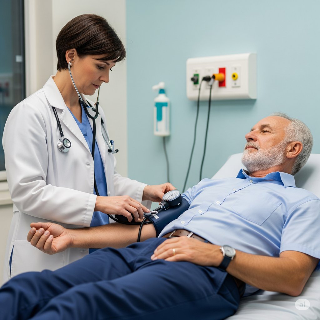 A healthcare professional checking an older male patient's blood pressure in a modern clinic.