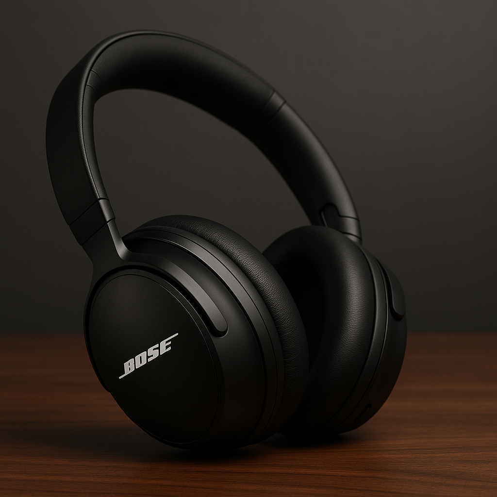 Black Bose QuietComfort Ultra wireless over-ear headphones displayed at an angle on a polished walnut surface with soft studio lighting