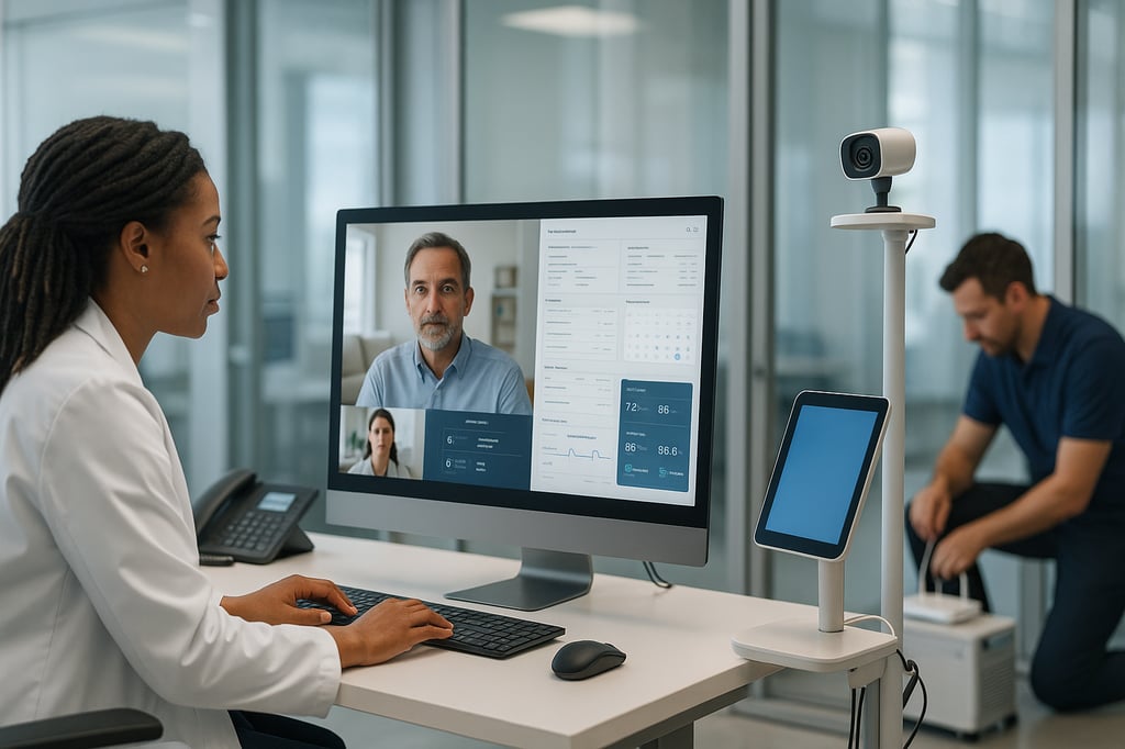 Doctor in a modern clinic leading a live telehealth consultation; a large monitor shows the patient and vital dashboards, with a desk-mounted webcam and tablet in a sleek, minimalist setup.