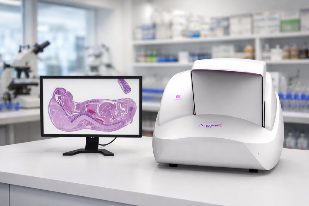 Pannoramic digital pathology slide scanner on a laboratory bench with a realistic modern lab background, next to a monitor displaying a high-resolution histology tissue image.