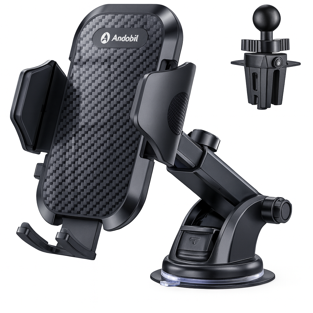 Andobil car phone holder on a white background—carbon-fiber textured cradle with side grips, adjustable telescoping arm with suction-cup dashboard mount, and a separate air-vent clip.