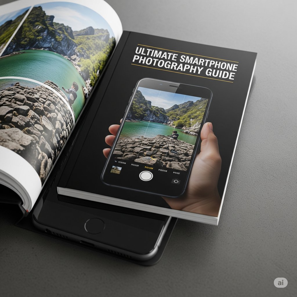 A professional realist image of a guidebook titled 'Ultimate Smartphone Photography Guide' resting on a sleek, modern smartphone. The smartphone is a glossy black model with a large, high-resolution screen. The guidebook is positioned open to a page that features a compelling image of a natural landscape or a city scene captured with a smartphone. The scene is vividly rendered with excellent lighting and color contrast, hinting at the possibilities of smartphone photography. The image is captured using a wide angle lens, which enhances the feeling of immersion. The background is blurred to highlight the central focus on the guidebook and the smartphone. The picture shows the guidebook, in professional quality, which will guide users to capture award-winning photos using their smartphones.