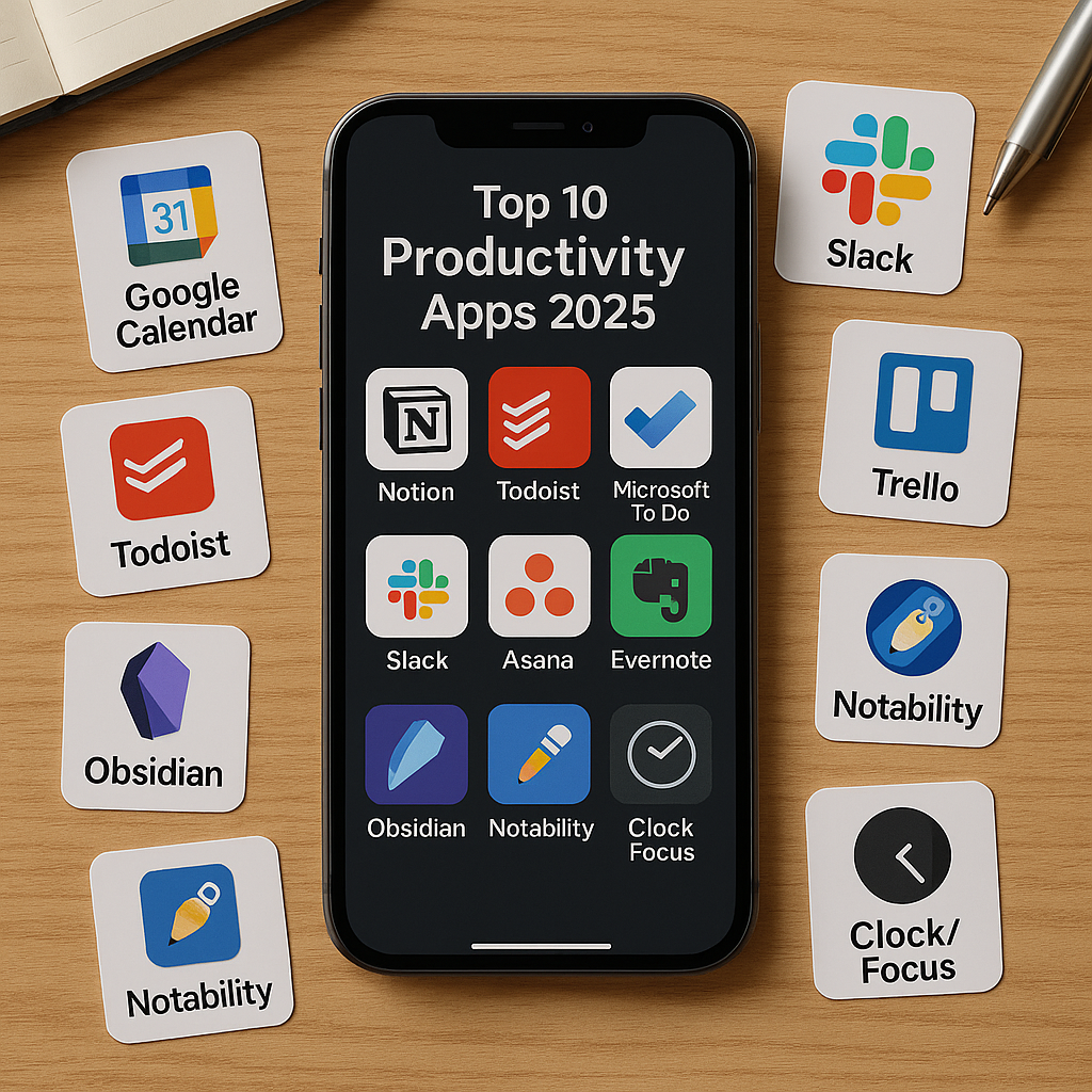 Top 10 Productivity Apps 2025: a smartphone on a wooden desk showing a grid of app tiles (Notion, Todoist, Microsoft To Do, Slack, Asana, Evernote, Obsidian, Notability, Clock/Focus, Trello) with paper icon cards, notebook, and pen arranged around it in a realistic workspace scene.