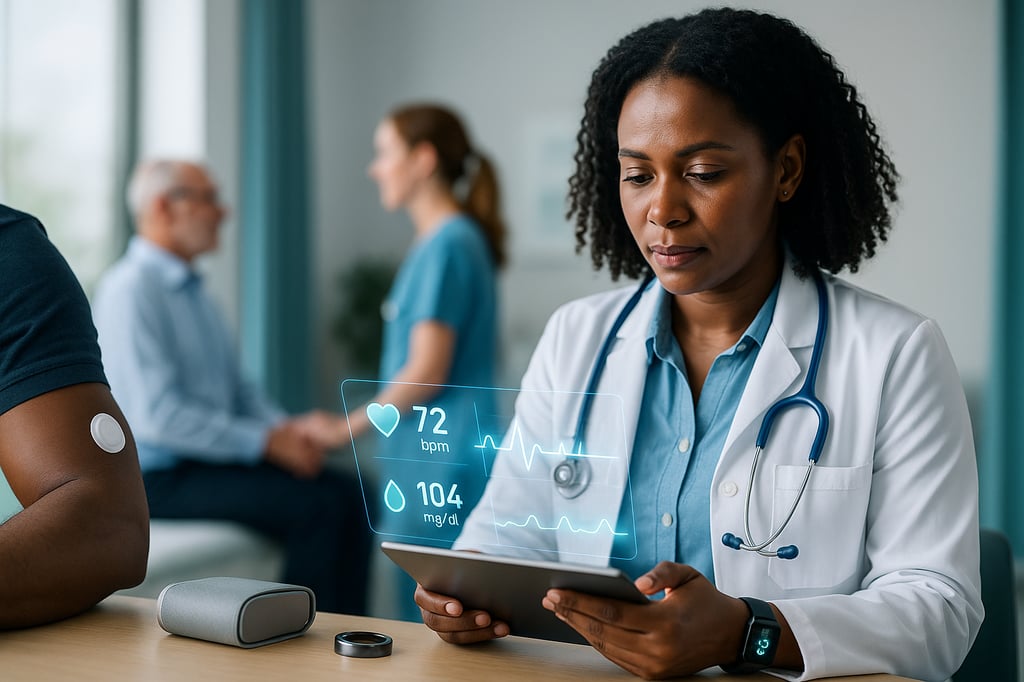 Doctor reviews holographic vitals on a tablet while a patient wearing a glucose sensor and smartwatch waits in a bright clinic.