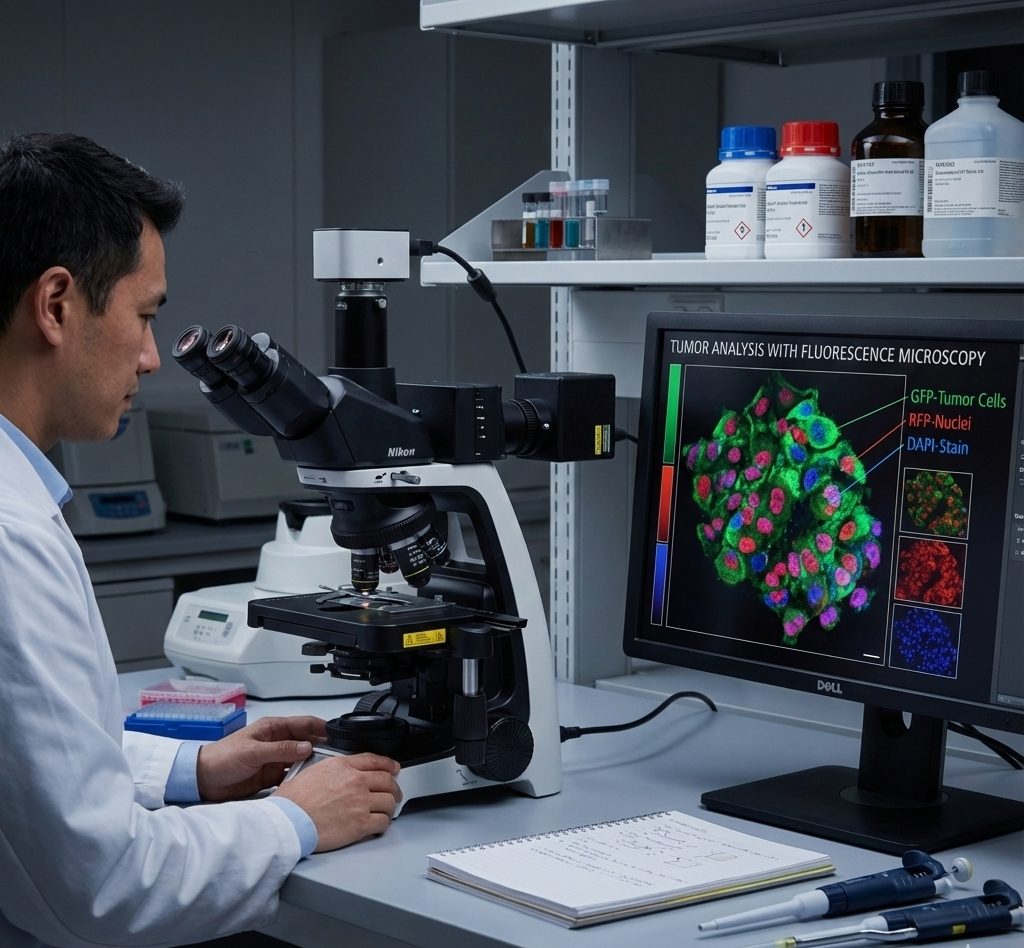 Lab researcher operating a Nikon fluorescence microscope beside a monitor showing multicolor tumor cell fluorescence channels and labeled overlays, illustrating imaging-based tumor analysis in a clinical research lab.