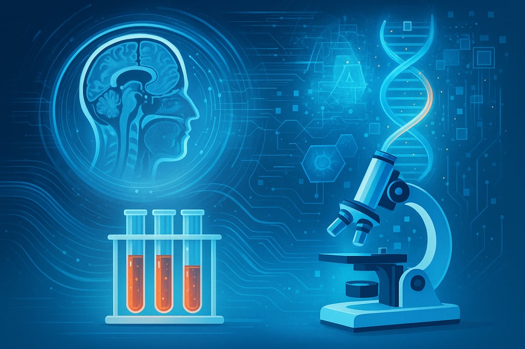 Futuristic medical illustration showing a human head and brain scan, a rack of blood test tubes, a glowing DNA double helix and a laboratory microscope, representing modern medical diagnostics and biomedical research.