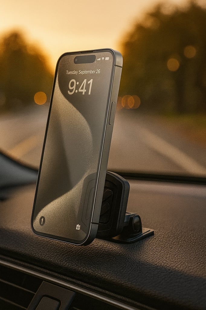 Smartphone on a low-profile magnetic dashboard mount inside a car, shown at golden hour with a softly blurred road and trees in the background; textured black dash and compact mount base visible.