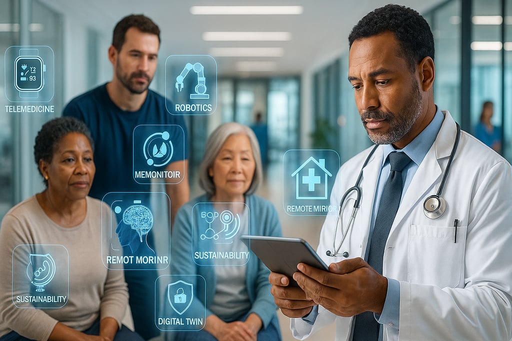Male physician in a modern hospital reviewing a tablet as holographic icons for AI diagnostics, telemedicine, robotics, remote monitoring, digital twins, and sustainability float around him; diverse patients sit in the background.