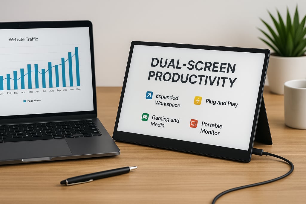 Dual-screen productivity workspace featuring a laptop on the left showing website traffic graphs and a portable monitor on the right displaying productivity features. A pen, coffee mug, and plant are arranged neatly on a light wooden desk.