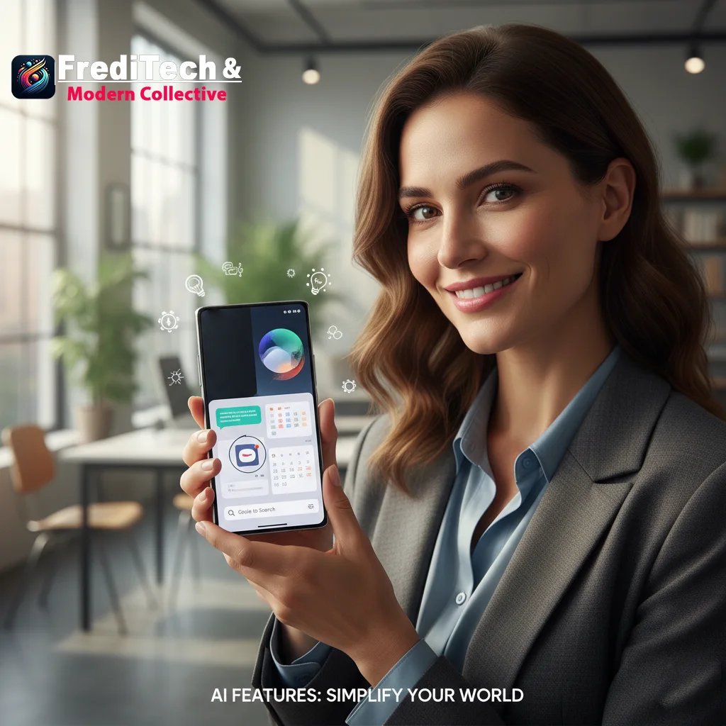Business professional in an office holding a Samsung Galaxy S24 Ultra showing AI widgets such as search, notes, and calendar; FrediTech & Modern Collective branding visible with the tagline 'AI Features: Simplify Your World'.