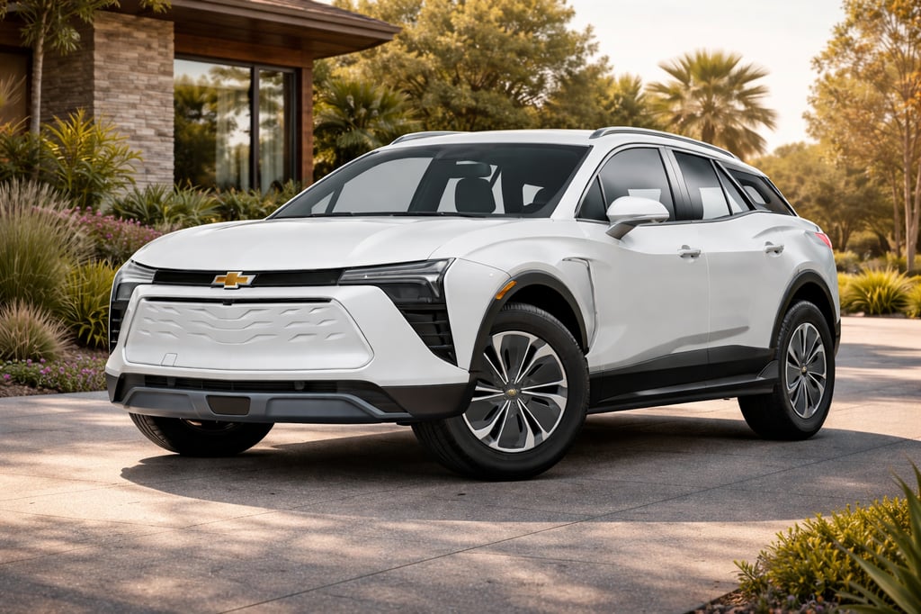 White Chevrolet Blazer EV parked on a clean driveway in front of a modern home, with soft golden-hour lighting and lush landscaping in the background.