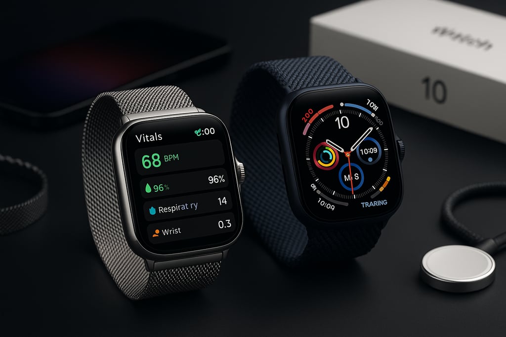 Apple Watch Series 10 — close-up of two watches on a dark desk showing Vitals and Activity faces, with a charging puck nearby.