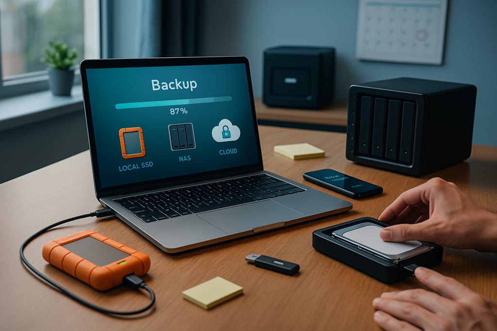 Modern workspace illustrating data backup best practices: a laptop shows a 'Backup' progress bar around 87% while connected to a rugged orange external drive; a USB stick, portable SSD, hard-drive dock, and a NAS unit sit nearby under soft window light.