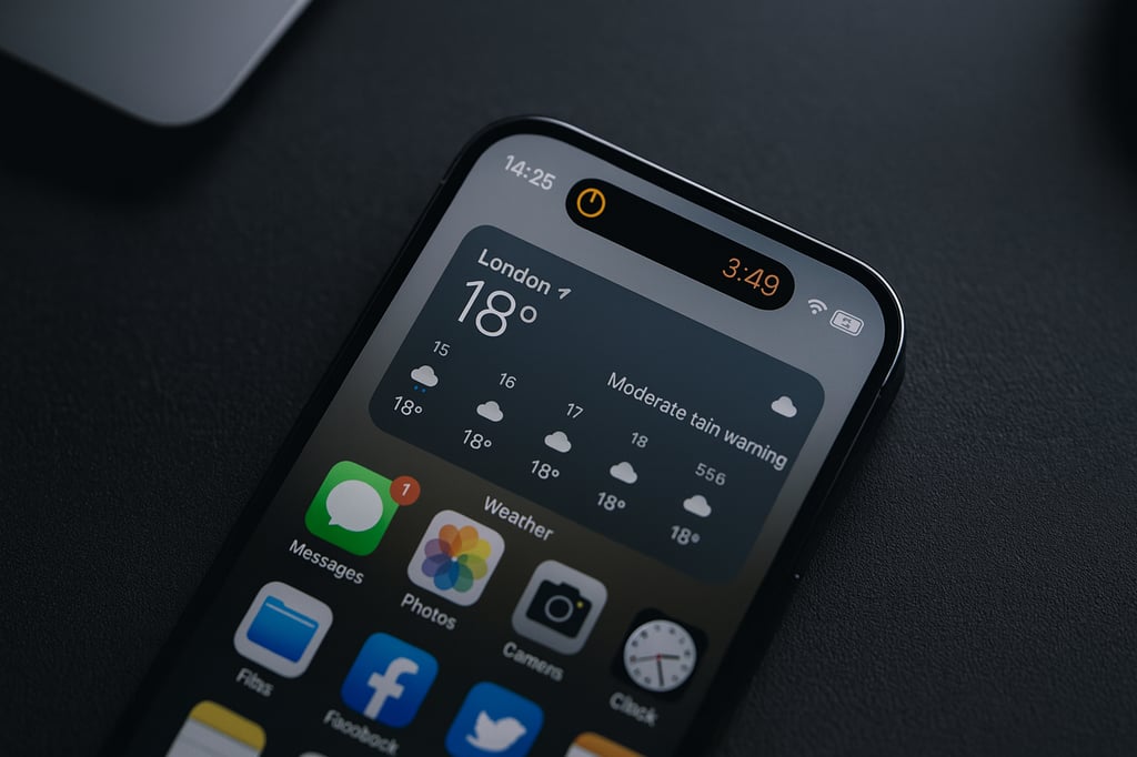 Close-up of an iPhone 14 Pro on a dark textured desk, showing the Dynamic Island and a London weather widget on the Home Screen.