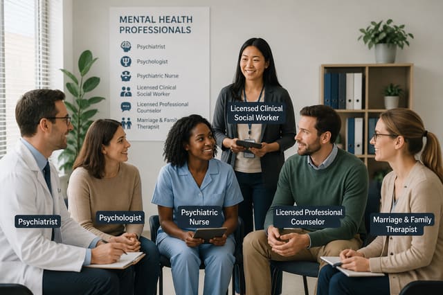 Different types of mental health professionals, including a psychiatrist, psychologist, counselor, social worker and psychiatric nurse