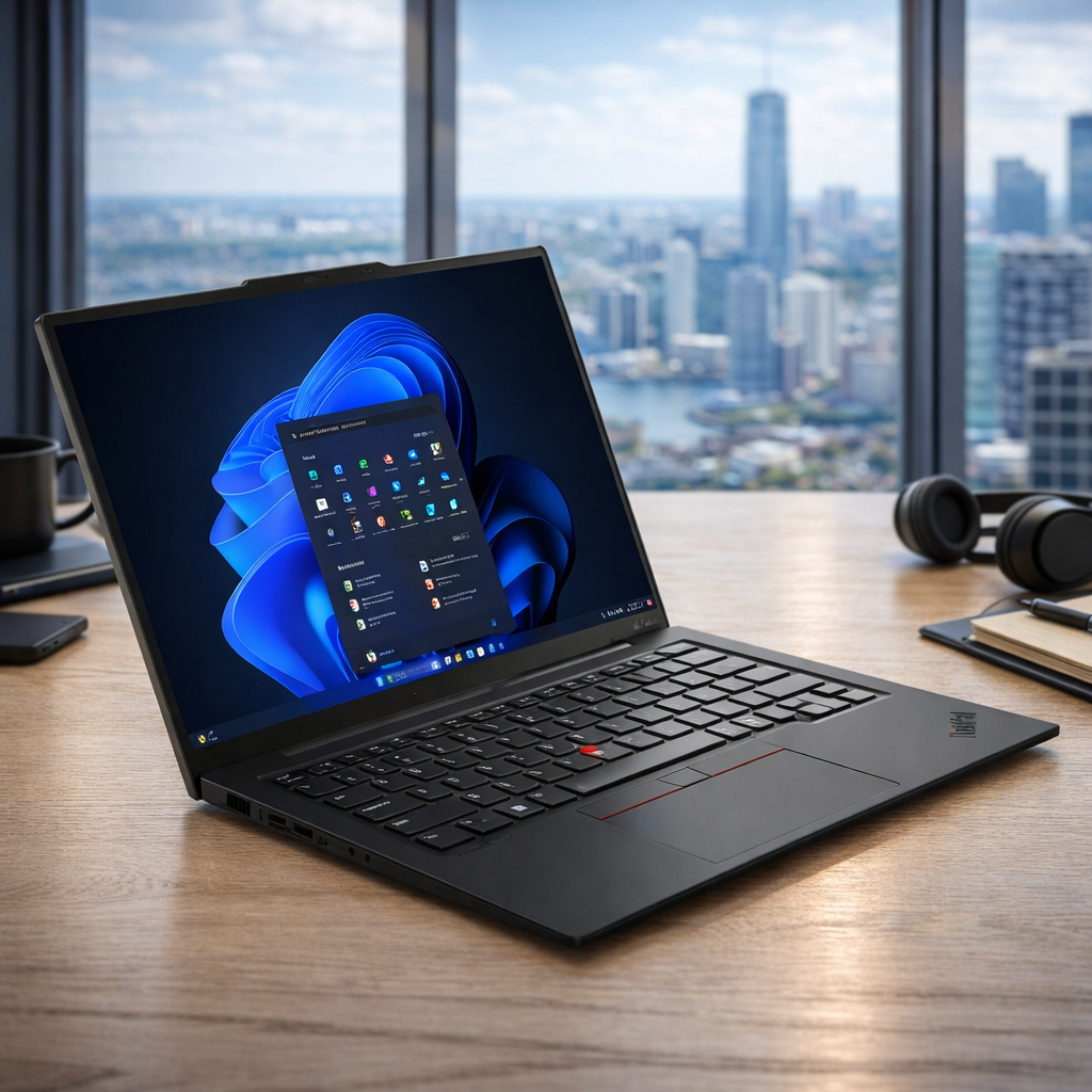 image of a Lenovo ThinkPad T14s Gen 6 laptop on a wooden office desk with a bright city skyline through large windows, showing the Windows 11 display, black chassis, red TrackPoint, coffee mug, headphones, and notebook in a modern workspace.