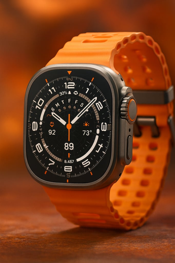 Ultra-realistic Samsung Galaxy Watch Ultra with rugged titanium case and bold orange sports band, displayed against an attractive warm gradient background.