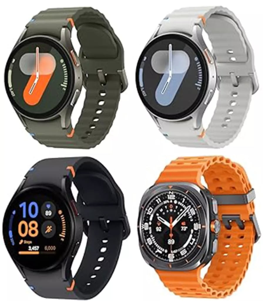 Samsung Galaxy Watch7 and Galaxy Watch Ultra lineup — four smartwatches shown in olive, silver/white, black, and orange adventure strap, displaying round and square cases.