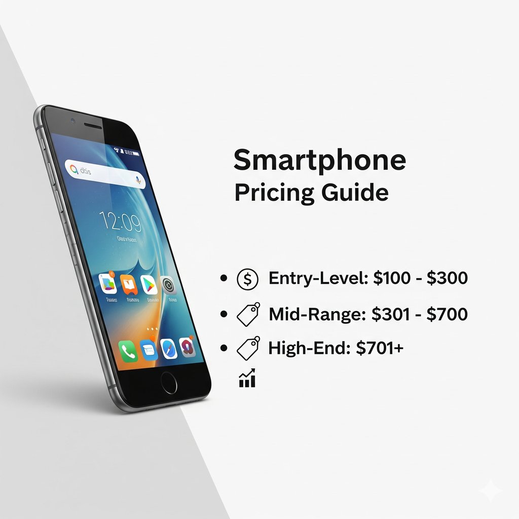 A professional and minimalist graphic for a Smartphone Pricing Guide. On the left, a sleek, generic black smartphone is angled, displaying a clean home screen with various app icons and the time 12:09. To the right, the title Smartphone Pricing Guide is prominently displayed. Below the title, a bulleted list categorizes smartphone price ranges: Entry-Level: $100 - $300,Mid-Range: $301 - $700, and High-End: $701+, each accompanied by a relevant icon (dollar sign, price tag, and bar chart). The entire image is set against a clean, light gray to white gradient background.