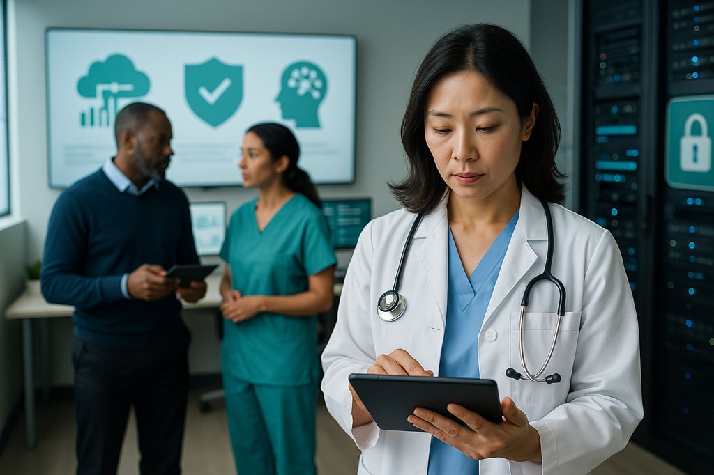 Doctor in a white coat using a tablet in a modern hospital workspace while two colleagues confer in the background; dashboards show cloud, security, and data visuals beside server racks.