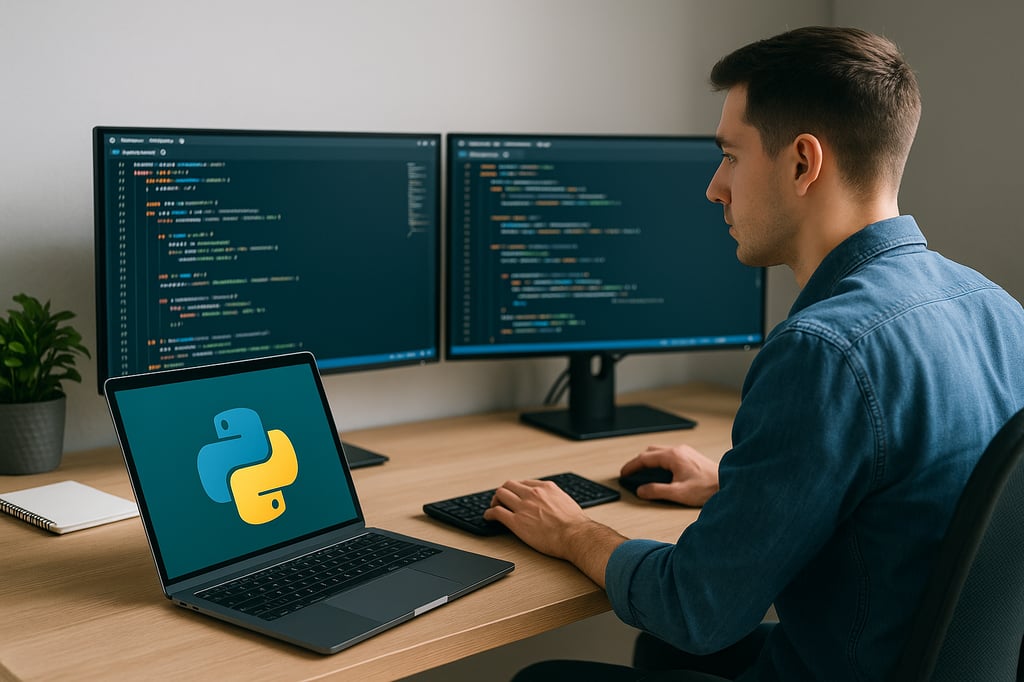 Complete Python Bootcamp: From Zero to Hero in Python online course showing a student coding Python on a laptop and dual monitors in a modern home office workspace.