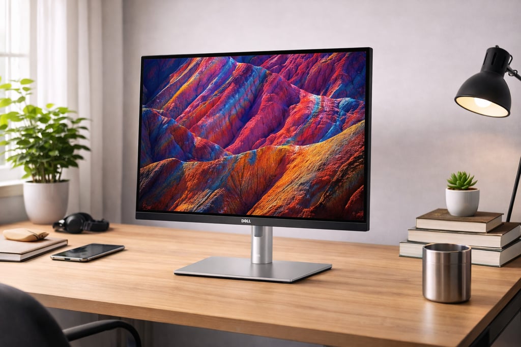 Dell UltraSharp monitor on a realistic wooden desk in a bright home office, showing a vivid colorful mountain wallpaper, with desk lamp, books, phone, and a small plant nearby.