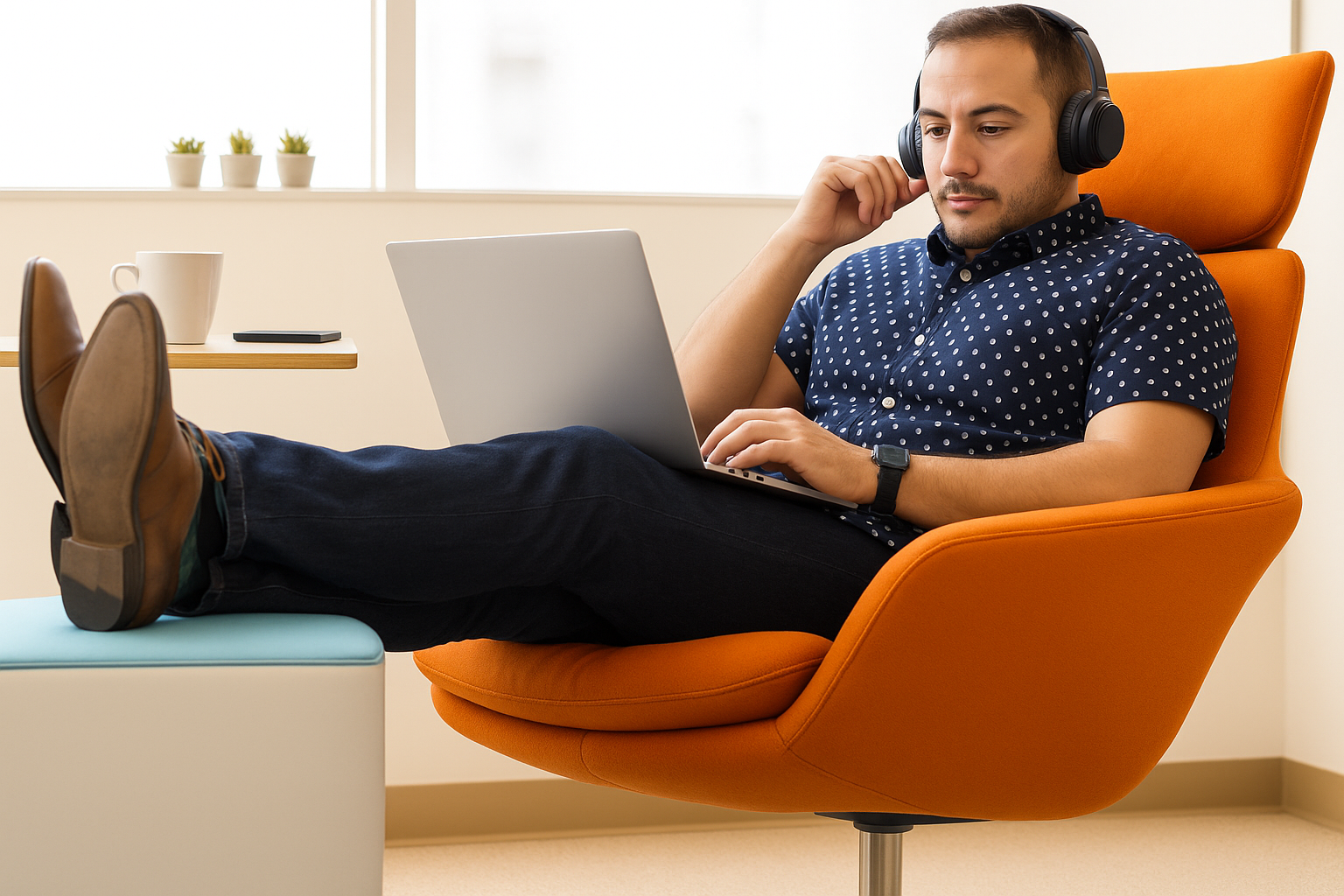 Professional image of a man sitting comfortably in a modern orange swivel chair, wearing wireless headphones and focused on his laptop. He is dressed in a navy polka-dotted shirt and dark jeans, with legs propped up on a nearby surface, working in a bright office space with natural daylight.