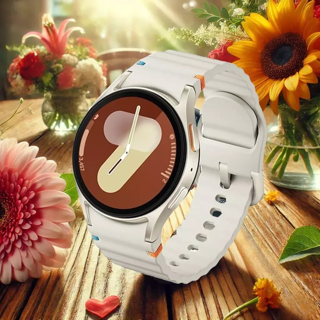Close-up of Samsung Galaxy Watch7 with silver case and white sport band on a rustic wooden table, surrounded by flowers with warm sunlight, showing a minimalist orange watch face.
