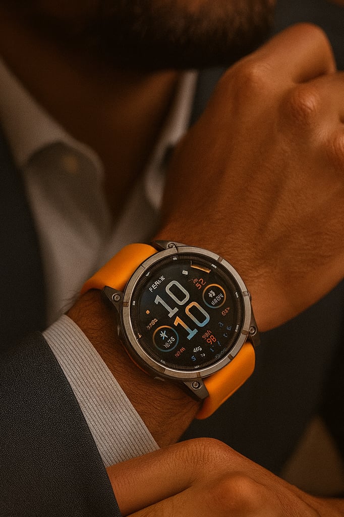 Ultra-realistic close-up of a man’s hand wearing the Garmin Fenix 8 smartwatch with a rugged titanium case and bright orange silicone strap, showing time 10:10 with health and activity stats.