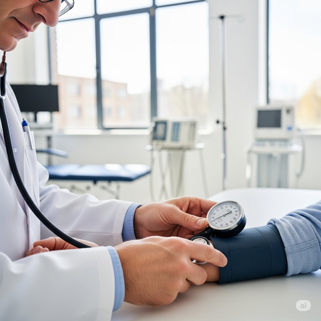A close-up of a clinician using a manual aneroid sphygmomanometer to measure a patient's blood pressure.