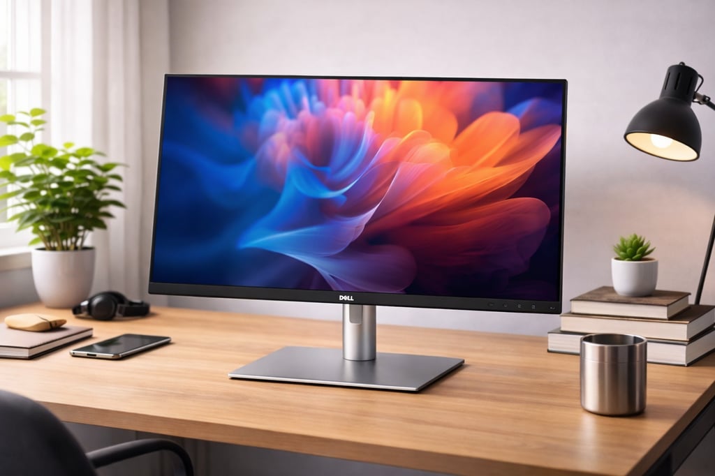 Dell monitor on a realistic wooden study desk in a bright home office, displaying a colorful abstract wallpaper in blue and orange tones, with desk lamp, books, phone, and small plants nearby.