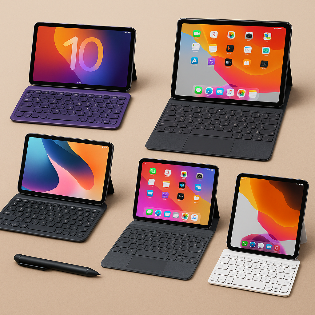 Study desk setup with five different Bluetooth keyboards for iPad and tablet students, each paired with tablets and accessories. Natural light from a nearby window illuminates the scene with books, pens, and a student backpack, showcasing a realistic academic workspace.
