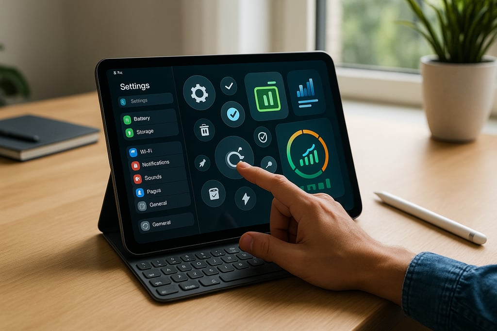 Close-up of an iPad in a keyboard case showing optimization settings; a hand taps a refresh/cleanup icon next to battery, storage, Wi-Fi, and performance widgets. Apple Pencil and a plant sit on a sunlit wooden desk for a clean, realistic workspace scene.