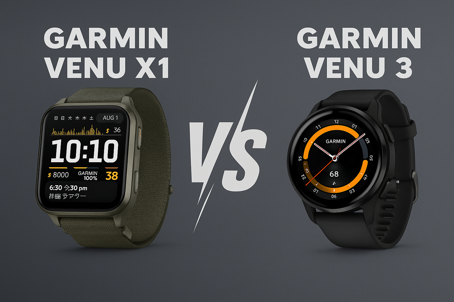 Professional comparison between Garmin Venu 3 and Garmin Venu X1 smartwatches, showing square vs round design differences with VS text