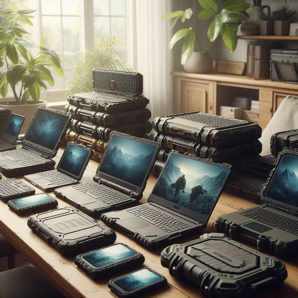 Rugged laptop placed on a wooden desk with industrial background, showcasing durable design and robust build