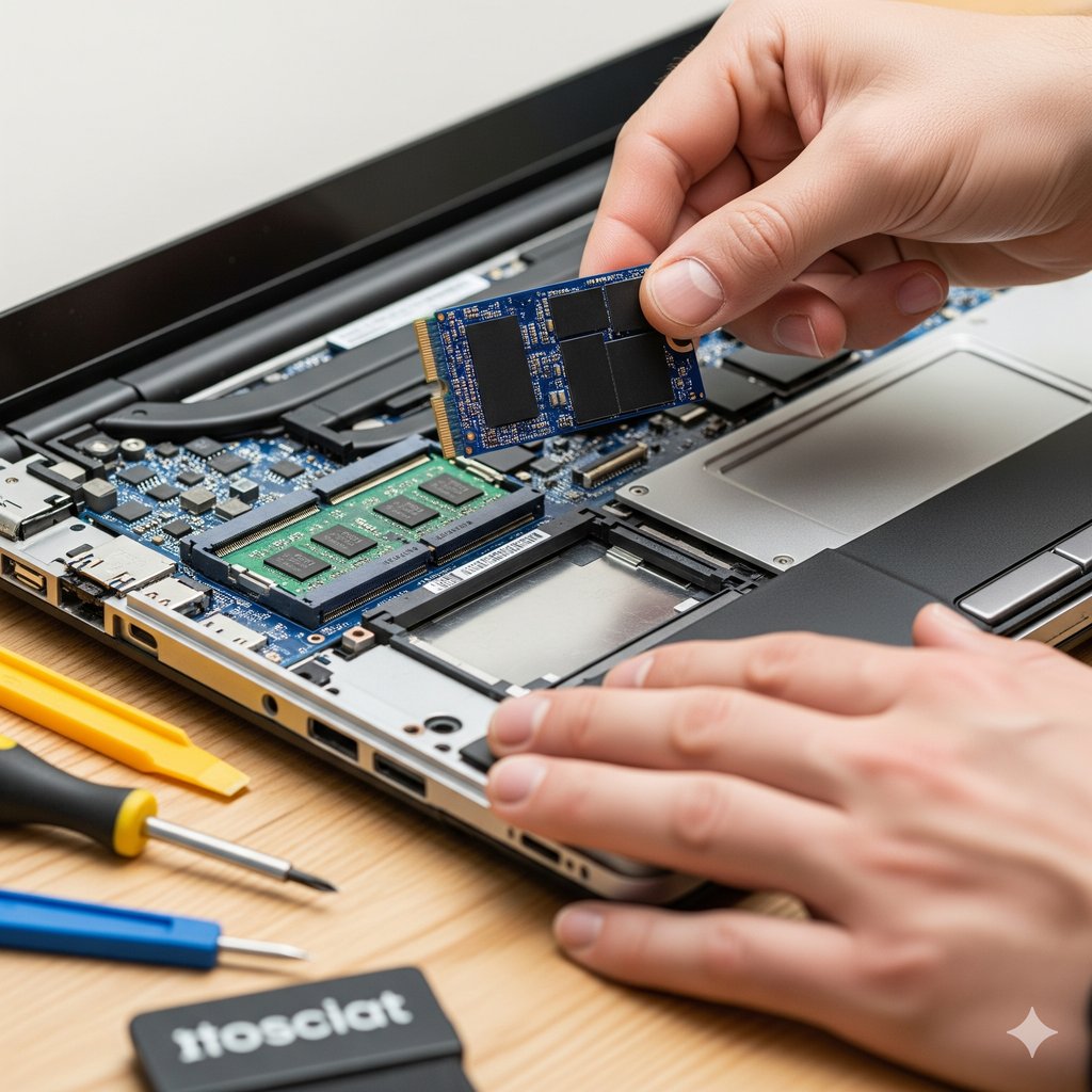 A technician, wearing blue and white anti-static gloves, is carefully installing a new M.2 SSD into a laptop. The laptop's back cover has been removed, revealing the intricate internal components, including the motherboard, RAM, and cooling system. A couple of small precision screwdrivers are visible on the clean white desk next to the laptop.