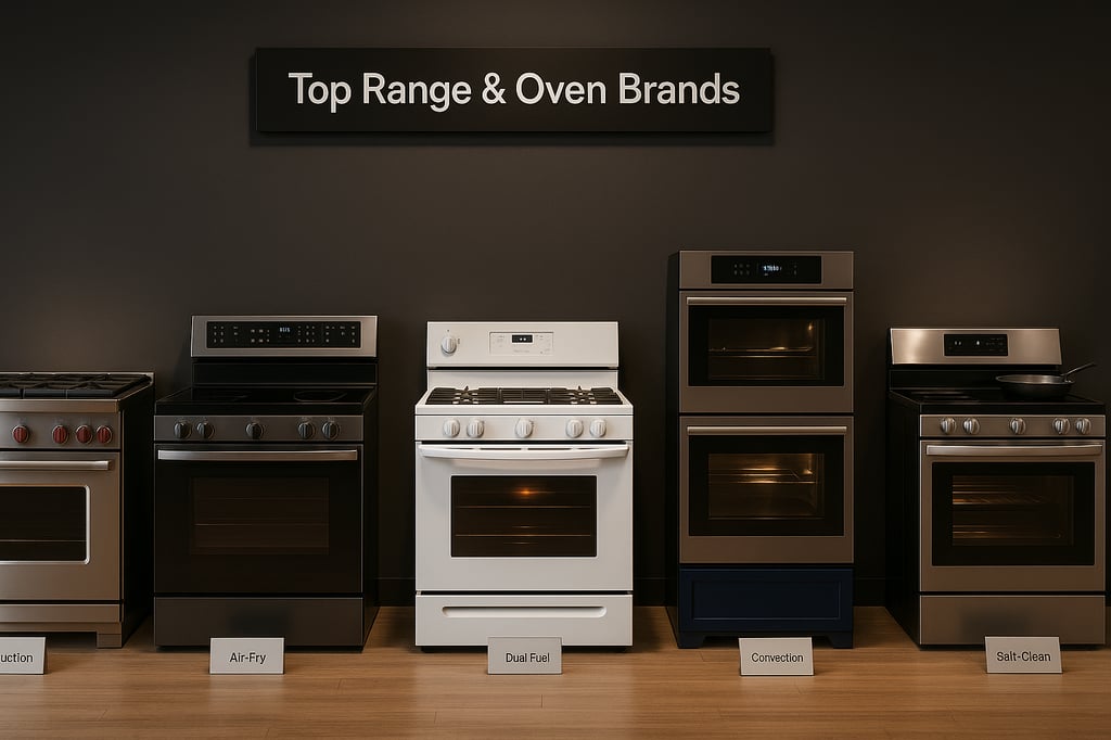 Showroom lineup of six kitchen ranges and wall ovens beneath a “Top Range & Oven Brands” sign—induction, air-fry, dual-fuel, convection, and self-clean models in stainless steel, black, and white—on a wood floor with soft studio lighting.