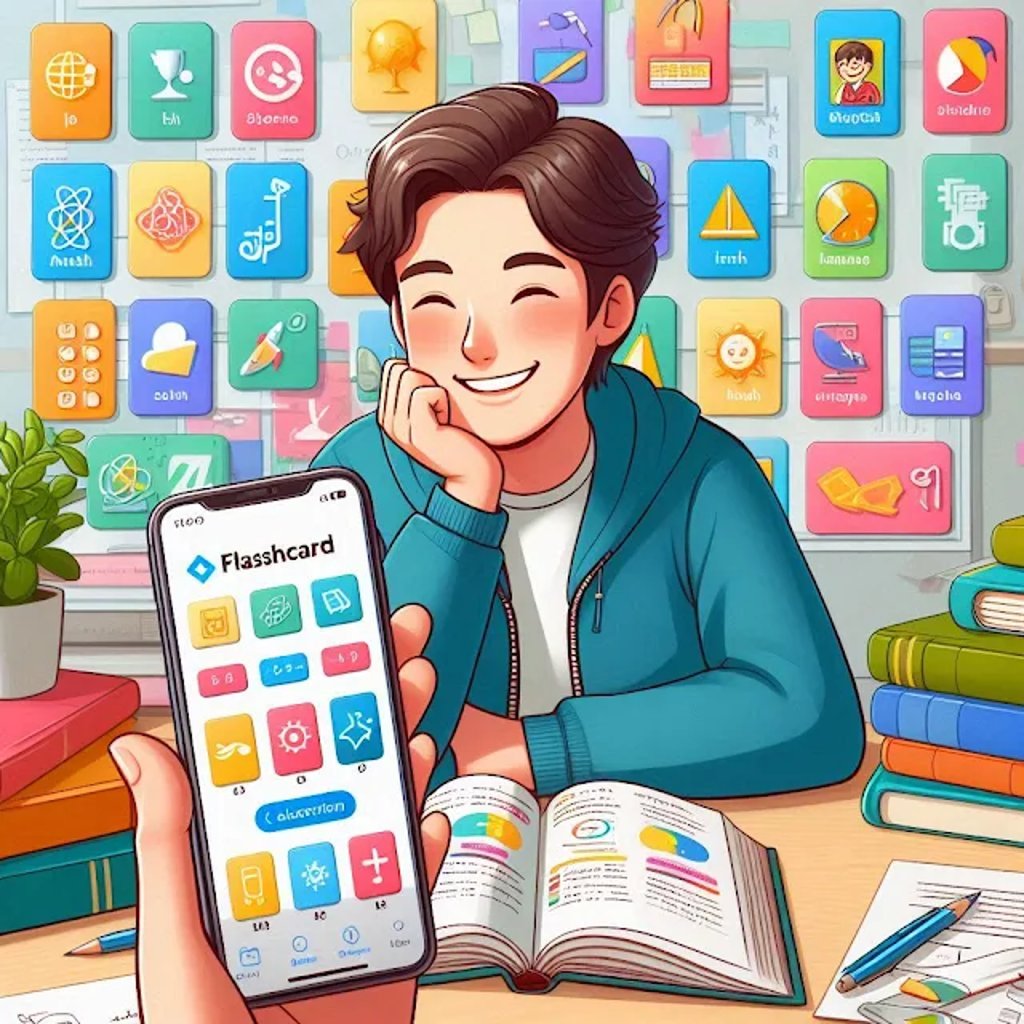 Illustration of a student studying with flashcard apps, showing a person smiling at a desk with books open, while a smartphone displays a flashcard app interface in the foreground and colorful educational icons on the wall.