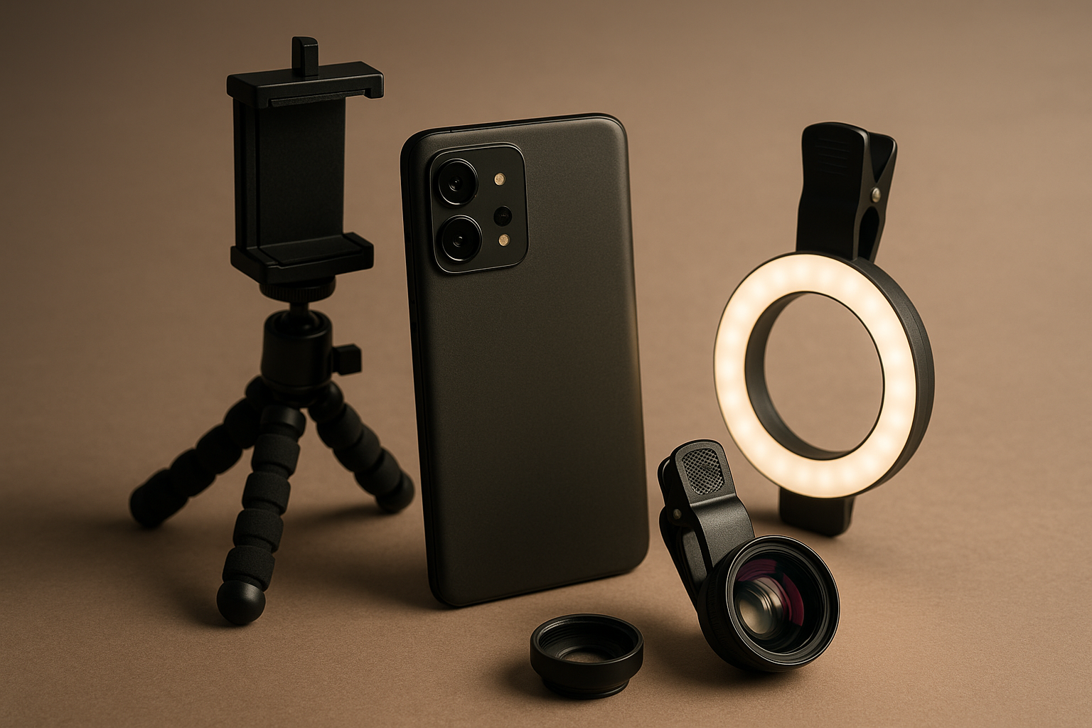 Ultra-realistic professional photo shoot setup featuring essential mobile photography gear—smartphone, flexible tripod, clip-on lens, and ring light—arranged on a neutral background under soft, diffused lighting