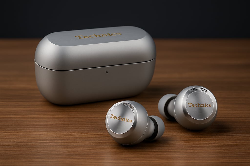 Technics true wireless earbuds in silver with a matching metallic charging case, displayed on a wooden surface with a dark gradient background under soft studio lighting.